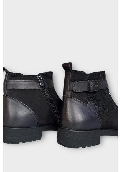 Erkek Hakiki Deri Fermuarlı Bant Detaylı Bot Siyah