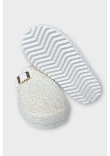 Pofuduk Ses Yapmaz Eva Taban Tokalı Kadın Ev Terliği Beyaz