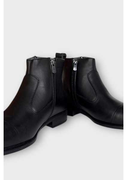 Hakiki Deri Kaydırmaz Kauçuk Taban Fermuarlı Sivri Burun Klasik Erkek Bot Siyah - Füme fırsatları