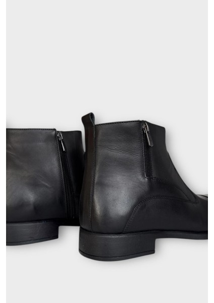 Hakiki Deri Kaydırmaz Kauçuk Taban Fermuarlı Sivri Burun Klasik Erkek Bot Siyah - Füme indirimleri