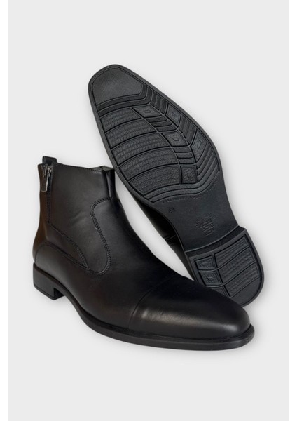 Hakiki Deri Kaydırmaz Kauçuk Taban Fermuarlı Sivri Burun Klasik Erkek Bot Siyah - Füme