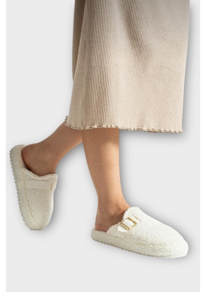 Pofuduk Ses Yapmaz Eva Taban Tokalı Kadın Ev Terliği Beyaz