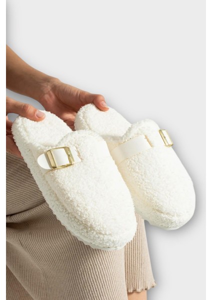 Pofuduk Ses Yapmaz Eva Taban Tokalı Kadın Ev Terliği Beyaz modelleri