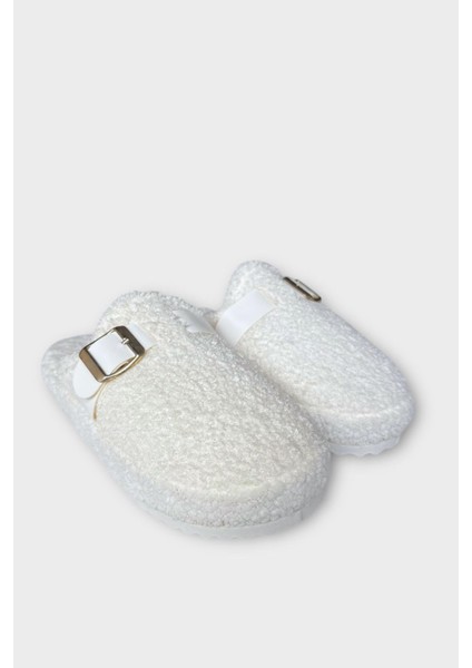 Pofuduk Ses Yapmaz Eva Taban Tokalı Kadın Ev Terliği Beyaz