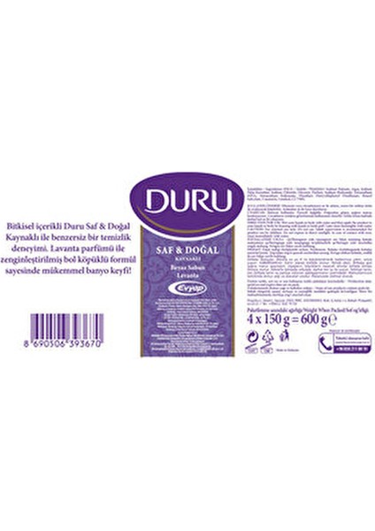 Saf & Doğal Lavanta Kokuya Sahip Beyaz Kalıp Sabun 16 Adet 4X600GR