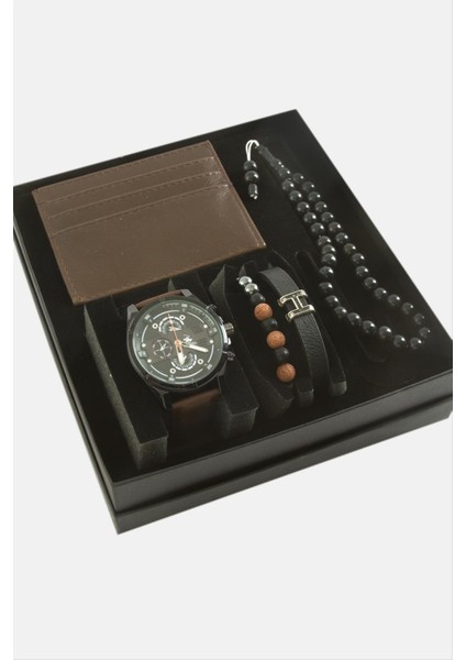 Nrtmsa Kayışlı Kol Saati Tesbih Bileklik Ve Cüzdan Kutulu Set-kahverengi