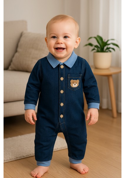 Erkek Bebek Pamuklu Cute Ayıcık Nakışlı Kot Tulum