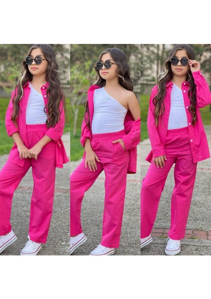 Kiz Cocuk 3 Lu Takim Keten Kumas Gomlek Pantalon ve Tek Omuz Askili Bady