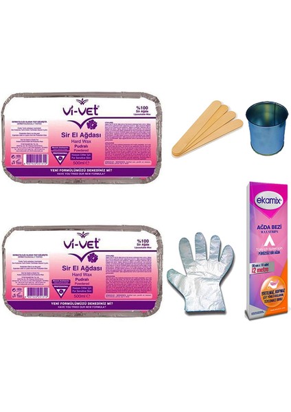 Pudralı Kalıp Ağda Seti 400 Ml, 2 Adet, Eldiven, Kova, Bezi ve Cubuk ile Tamamlanmış