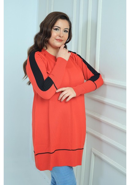 Kadın Kolları Şeritli Büyük Beden Tunik Bluz