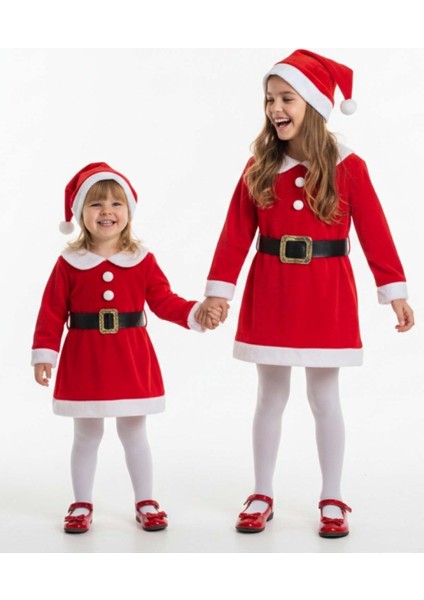 Kız Noel Elbise Kemer ve Şapkalı 1-12 Yaş