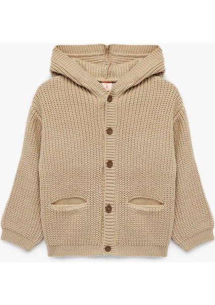 Erkek Bebek Uzun Kollu Düğmeli Cep Detaylı Kapüşonlu Triko Hırka (Aw 25)