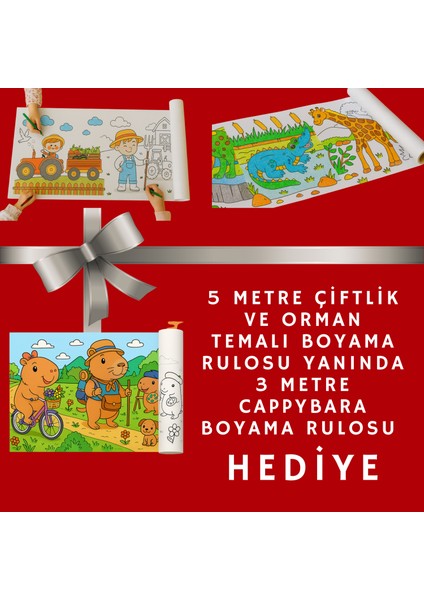 HEDİYELİ Orman ve Çiftlik Hayatı Boyama Rulosu (5 Metre) + Hediye 3 Metre Capybara Boyama Rulosu | Çocuklar Için Dev Boyama Seti