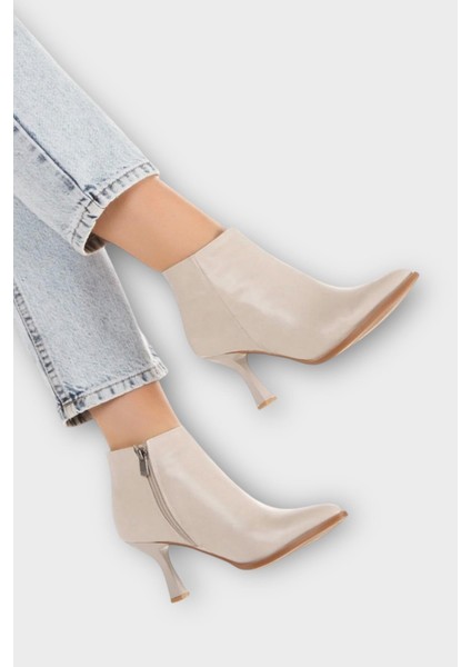 Topuklu Fermuarlı Kadın Bot (8 Cm) Bej