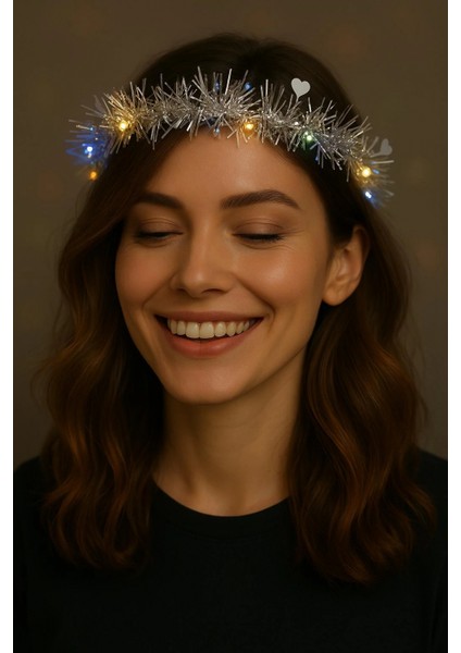 Kalp Püsküllü 3 Modlu LED Işıklı Taç Gümüş Renk fiyatları