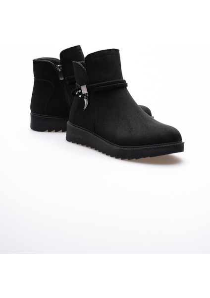 Kadın Süet Bot Fermuarlı Platin Detaylı Siyah Solvia