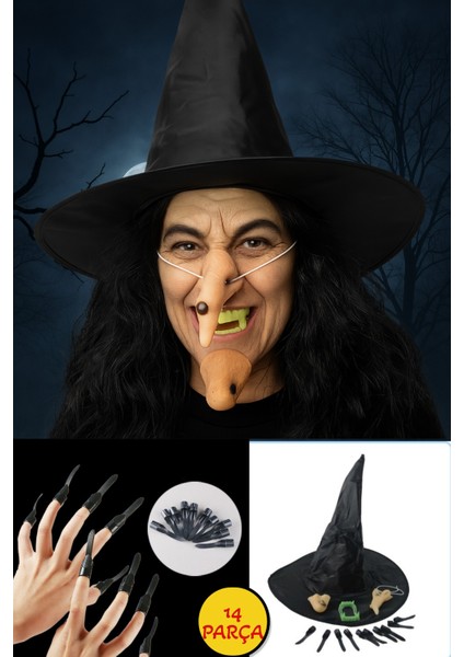 Cadılar Bayramı Halloween Cadı Kostüm Seti Şapka Burun Çene Tırnaklar ve Diş 14 Parça