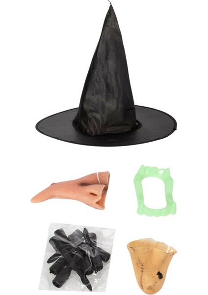 Cadılar Bayramı Halloween Cadı Kostüm Seti Şapka Burun Çene Tırnaklar ve Diş 14 Parça modelleri