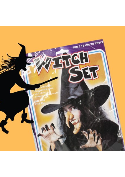 Cadılar Bayramı Halloween Cadı Kostüm Seti Şapka Burun Çene Tırnaklar ve Diş 14 Parça fırsatları