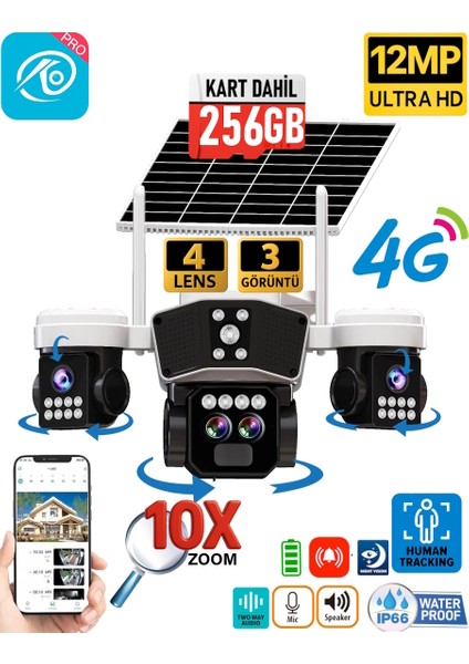 O-Kam 9095 256GB 12MP 10X Zoom 4 Lens 3 Ekran UltraHD 4G Solar Akıllı Güvenlik Kamerası