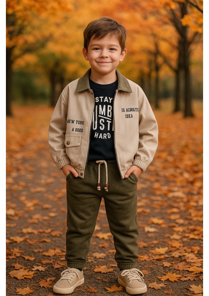 Erkek Çocuk Gabardin Ceket ve Jogger Pantolon 3'lü Takım Elbise
