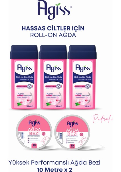 3 Adet Kartuş Roll-On Ağda, 2 Adet 10 Metre Ağda Bezi, Hassas Ciltler Için Set
