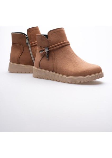 Kadın Süet Bot Fermuarlı Platin Detaylı Taba Solvia