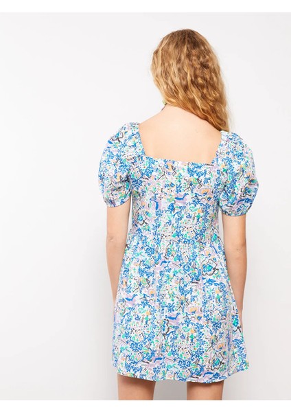 Xsıde Mavi Kare Yaka Desenli Kısa Kollu Pamuklu Kadın Elbise indirimleri