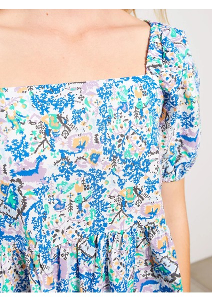 Xsıde Mavi Kare Yaka Desenli Kısa Kollu Pamuklu Kadın Elbise