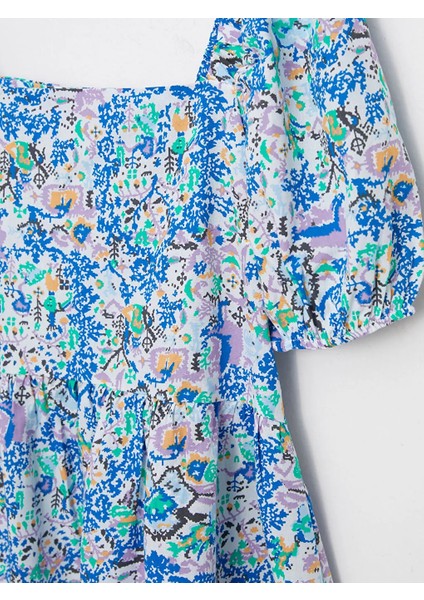 Xsıde Mavi Kare Yaka Desenli Kısa Kollu Pamuklu Kadın Elbise