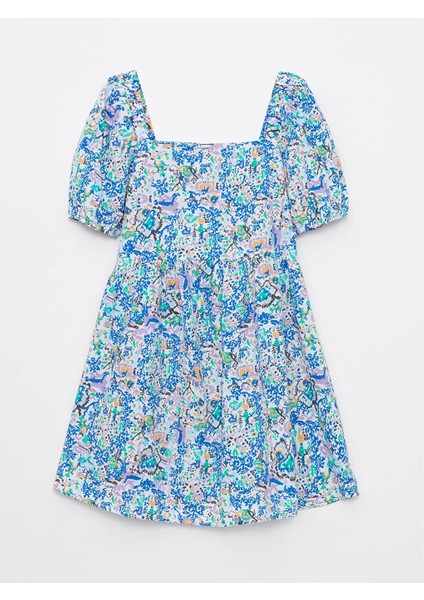 Xsıde Mavi Kare Yaka Desenli Kısa Kollu Pamuklu Kadın Elbise