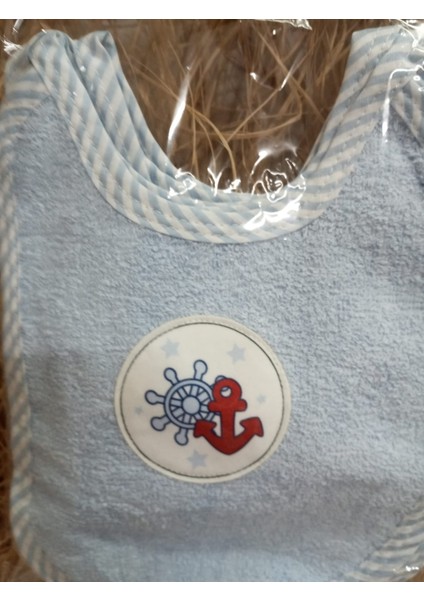 3’lü Bebek Mama Önlüğü Seti – Mavi Renkli, Denizci Temalı (Çapa ve Dümen Desenli), Pamuklu Kumaş