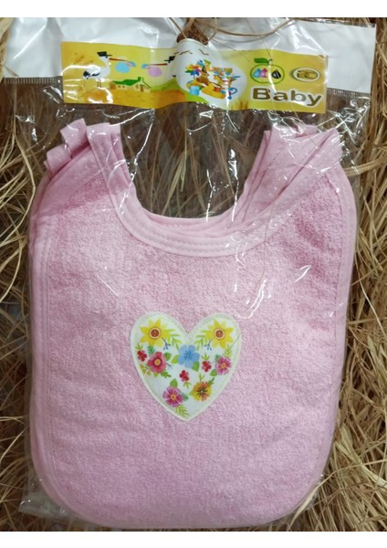 3'lü Çiçek Desenli Kalp Nakışlı Pembe Mama Önlüğü Seti