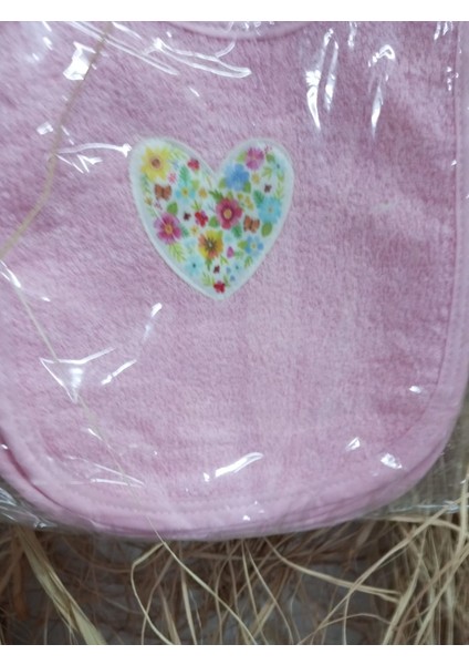 3'lü Çiçek Desenli Kalp Nakışlı Pembe Mama Önlüğü Seti modelleri