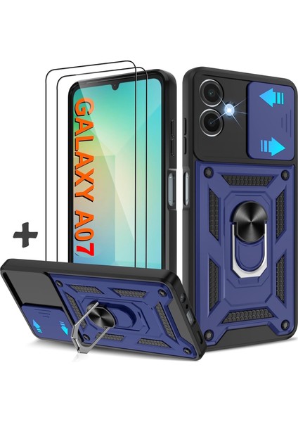 Samsung Galaxy A07 Kılıf Kamera Korumalı Sürgülü Yüzüklü Armor Military Zırh Tank Kapak + 1 Adet 9h Ekran Koruyucu Cam Set