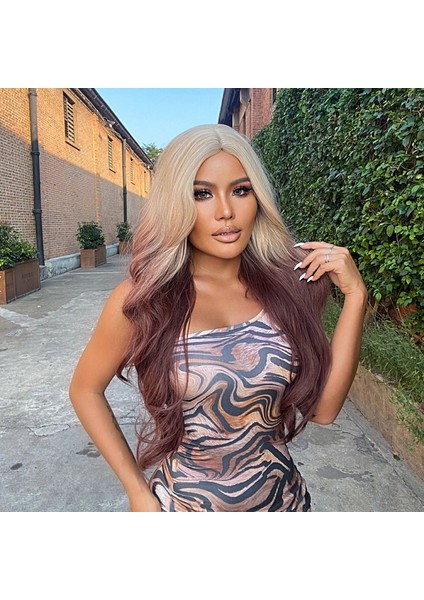 Platin Çikolata Kahve Ombreli Uzun Dalgalı Tül Peruk