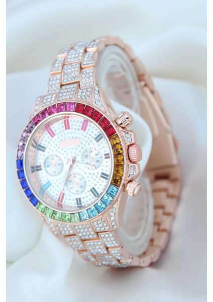 Clariss Trend Rose Metal Kordonlu Zirkon Taş Kaplama Renkli Taşlı Kasa Tasarımlı Lüx Kadın Kol Saati fırsatları