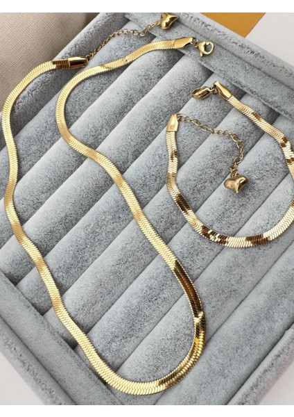 Yassı Ezme Italyan Zincir Kolye Bileklik Set | Kararmaz Çelik, Altın Renk, 45 cm - 23 cm fırsatları