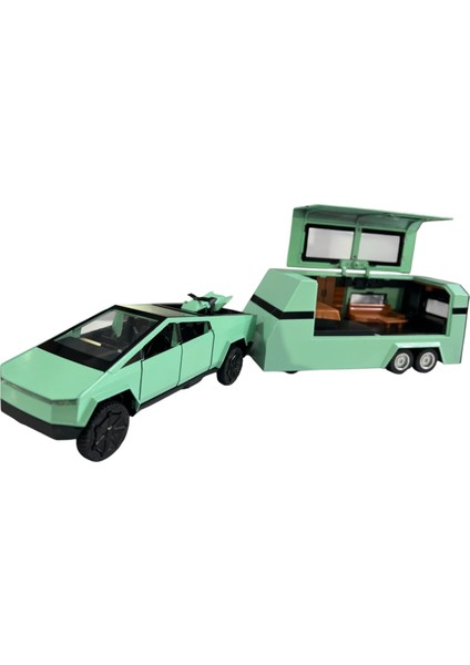 Tesla Cyber Truck Karavan + Atv Sesli Işıklı Çek Bırak 1/32 Model 15X5 cm Araç 18X6 cm Karavan 3 Asorti