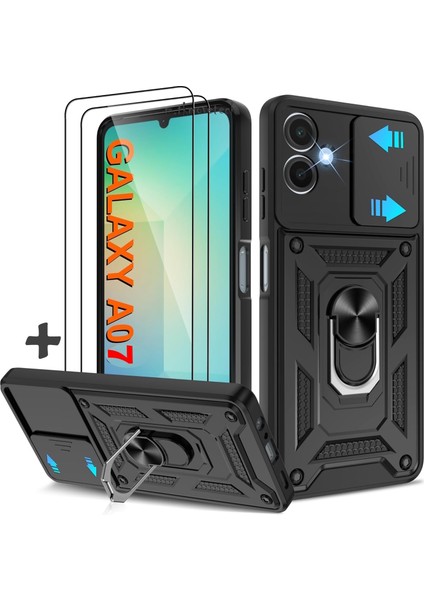 Samsung Galaxy A07 Kılıf Kamera Korumalı Sürgülü Yüzüklü Armor Military Zırh Tank Kapak + 1 Adet 9h Ekran Koruyucu Cam Set