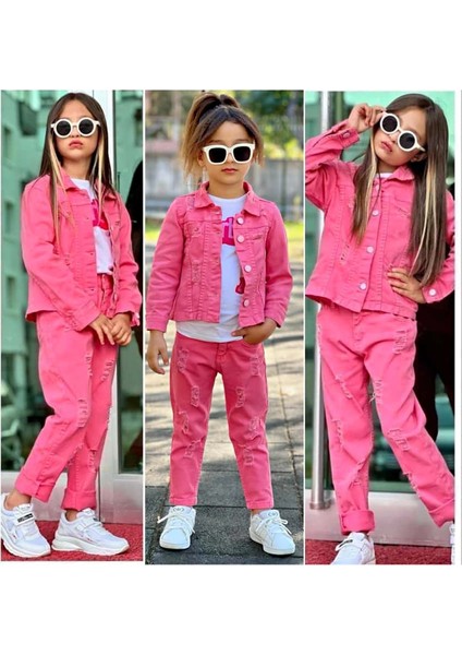 Kız Çocuk Kot Ceket Kot Pantolon Baskılı Tişört 3'lü Kombin