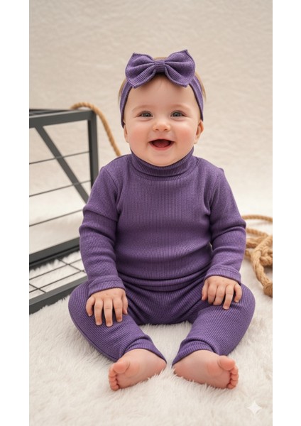 Bebek Çocuk Alt Üst Kreş Takım Fitilli Ribana Tayt Bluz Bandana Seti