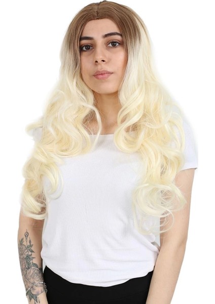 Yoğun Dalgalı Fiber Sentetik Uzun Perçemsiz Peruk - Balköpüğü / Platin Uzun Ombreli