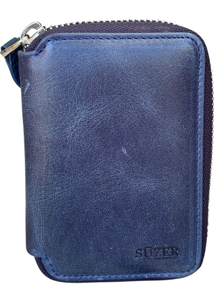 Fermuar Kilitli Mini Boy Unisex Hakiki Deri Spor Cüzdan Carzy Lacivert fiyatları