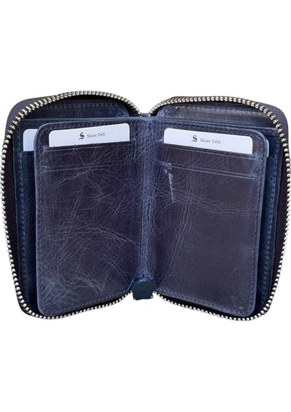 Fermuar Kilitli Mini Boy Unisex Hakiki Deri Spor Cüzdan Carzy Lacivert modelleri