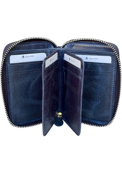 Fermuar Kilitli Mini Boy Unisex Hakiki Deri Spor Cüzdan Carzy Lacivert fırsatları