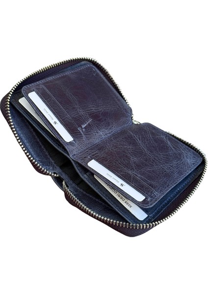 Fermuar Kilitli Mini Boy Unisex Hakiki Deri Spor Cüzdan Carzy Lacivert indirimleri