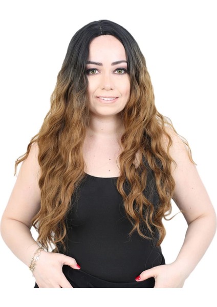 Su Dalgası Uzun Perçemsiz Fiber Sentetik Peruk - Siyah / Karamel Ombreli