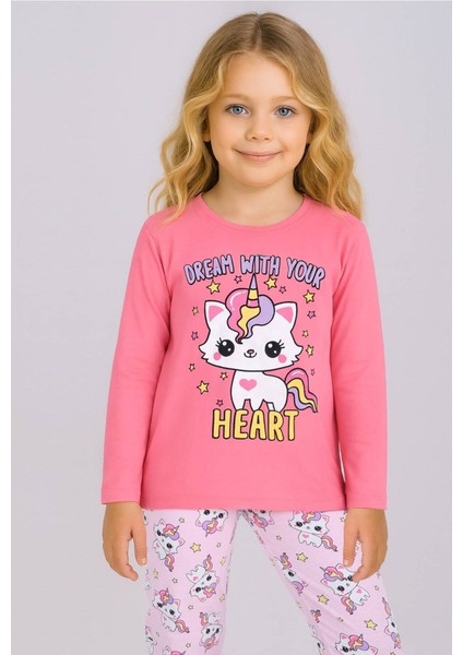 Kız Çocuk Baskılı Uzun Kollu %100 Pamuklu Pijama Takımı 5/8 Yaş