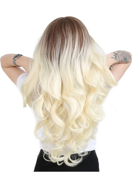 Yoğun Dalgalı Fiber Sentetik Uzun Perçemsiz Peruk - Kumral / Platin Ombreli fırsatları